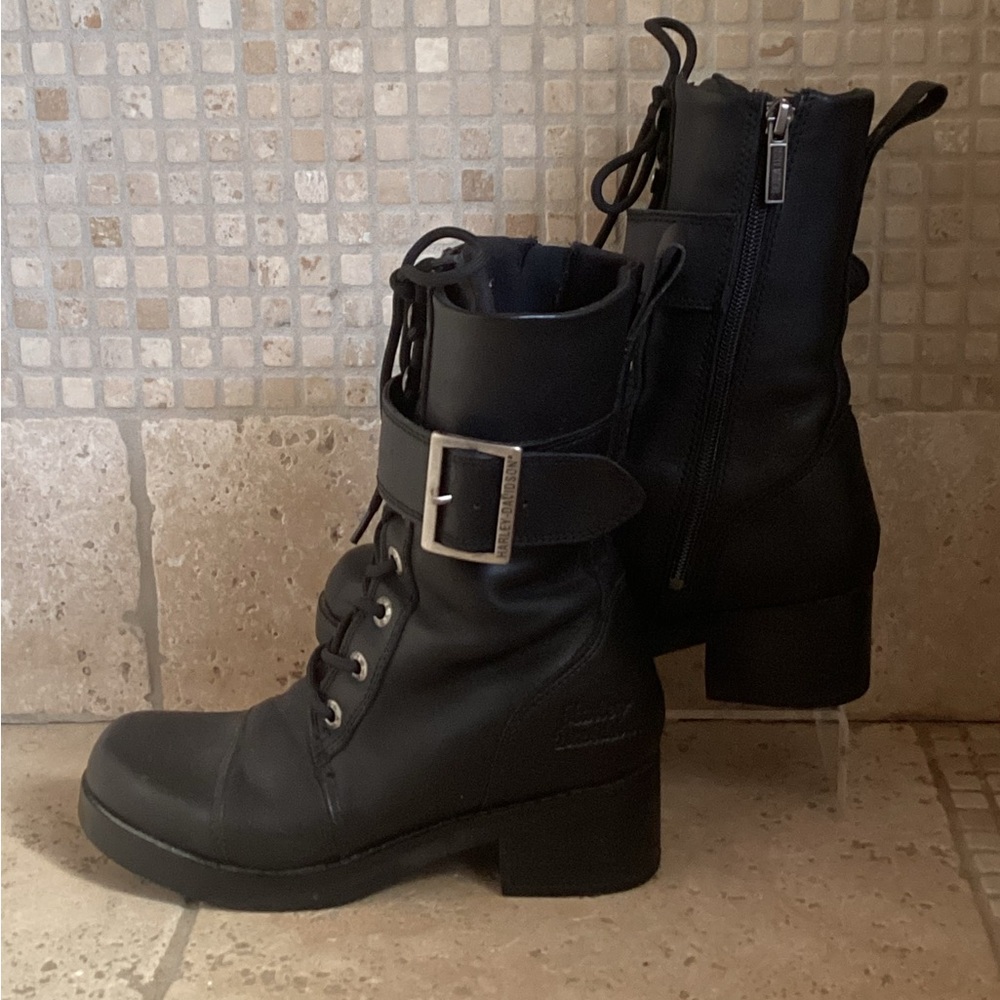 HARLEY DAVIDSON TIE UP & SIDE ZIPPER BLACK LEATHER COMBAT RIDING BOOTS SZ 6